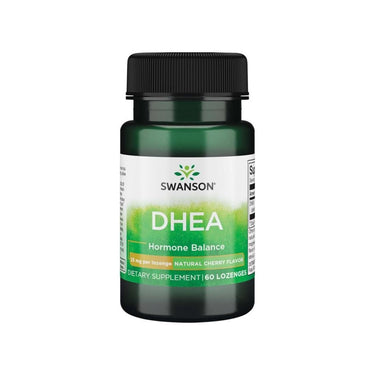 A bottle of Swanson - DHEA - 25 mg 60 lozenges Cherry Flavor.